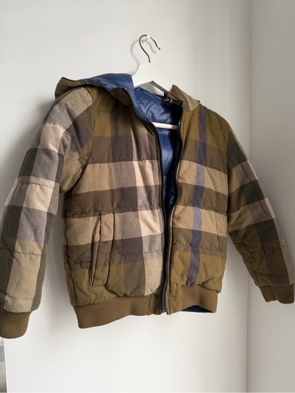 Burberry Plaid Puffer Jacket in Brown and Navy